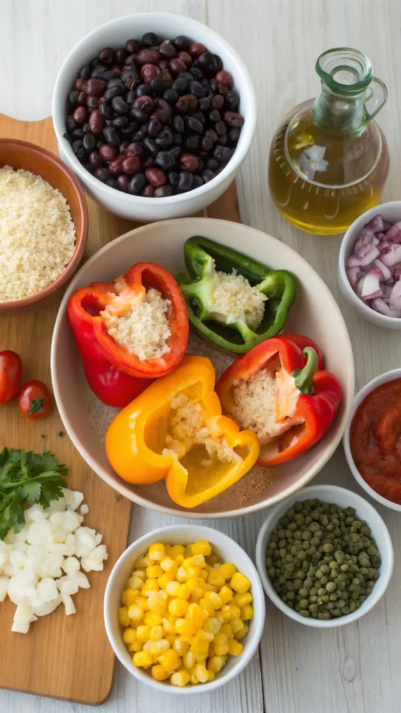 Ingredients for stuffed peppers laid out on a kitchen counter.