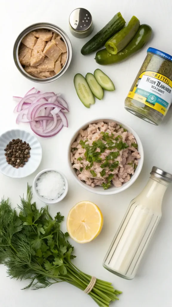 A colorful array of ingredients for tuna salad, including tuna, mayonnaise, celery, and herbs displayed on a wooden cutting board.