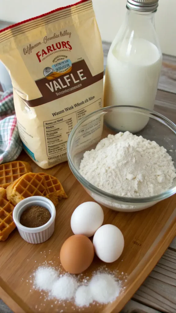Ingredients for waffle recipe displayed on a wooden table.