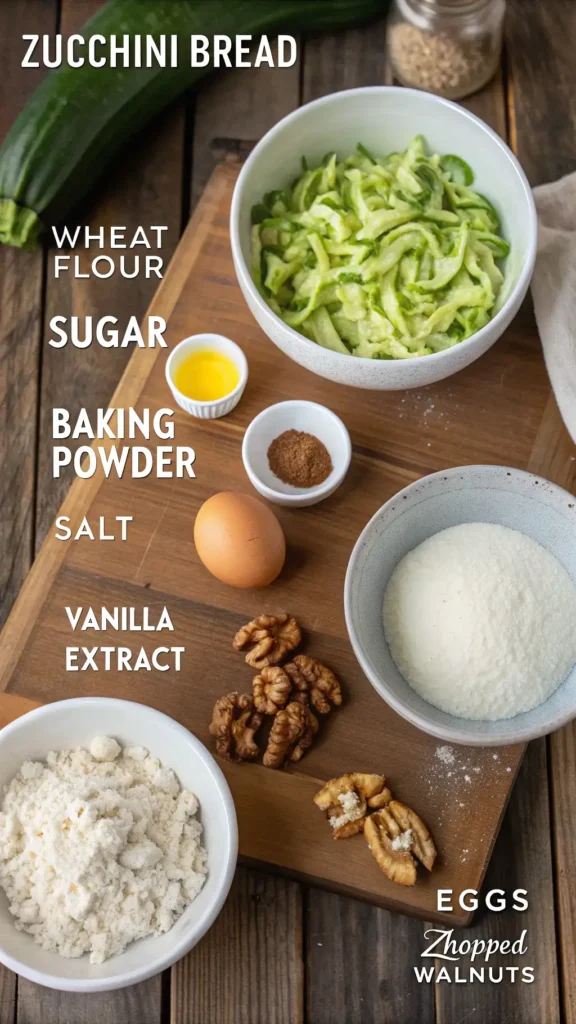 Ingredients for zucchini bread including zucchini, flour, sugar, and eggs displayed on a wooden table.
