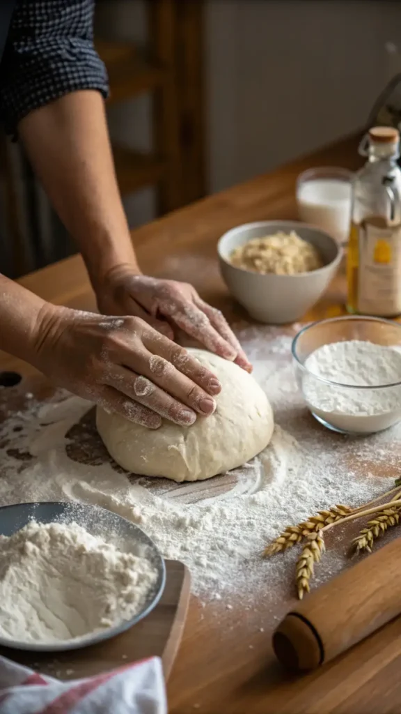 A person kneading sourdough bread dough on a floured surface with ingredients in the background.