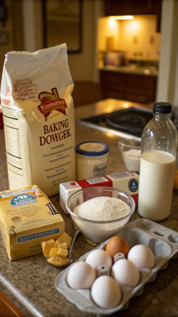 Ingredients for making pancakes displayed on a kitchen counter.