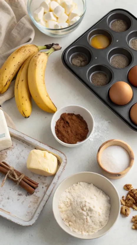 Ingredients for banana muffins including ripe bananas, flour, eggs, and cinnamon.