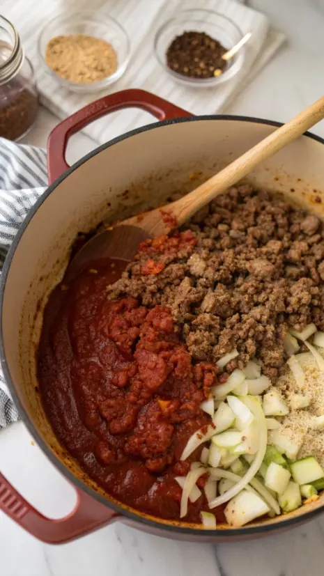 Stirring tomato paste and spices into browned beef to build flavor.