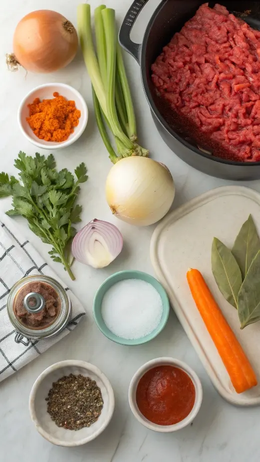  Ingredients for bolognese including soffritto vegetables, ground beef, tomatoes, and milk.