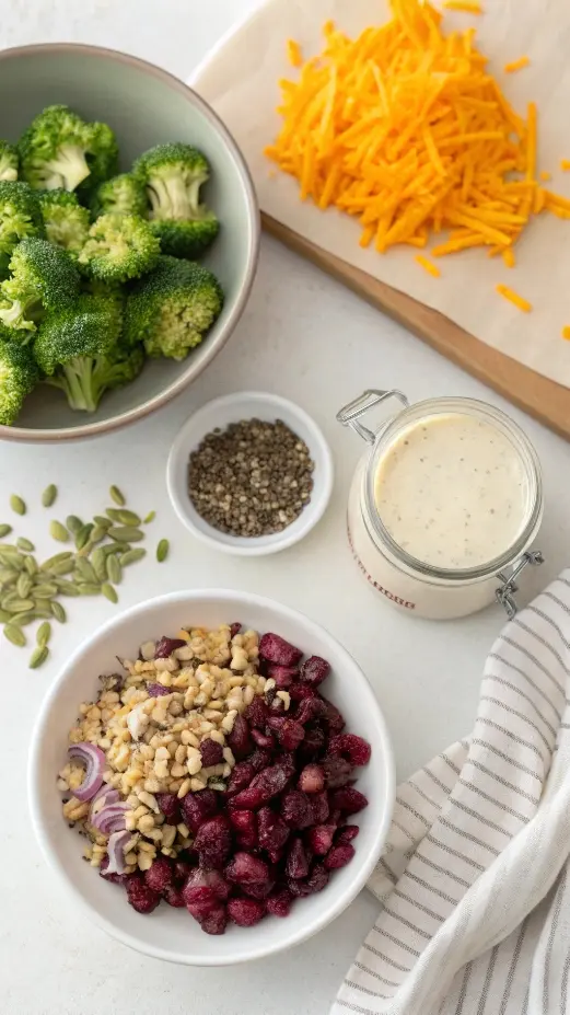 Ingredients for classic broccoli salad arranged on a countertop.