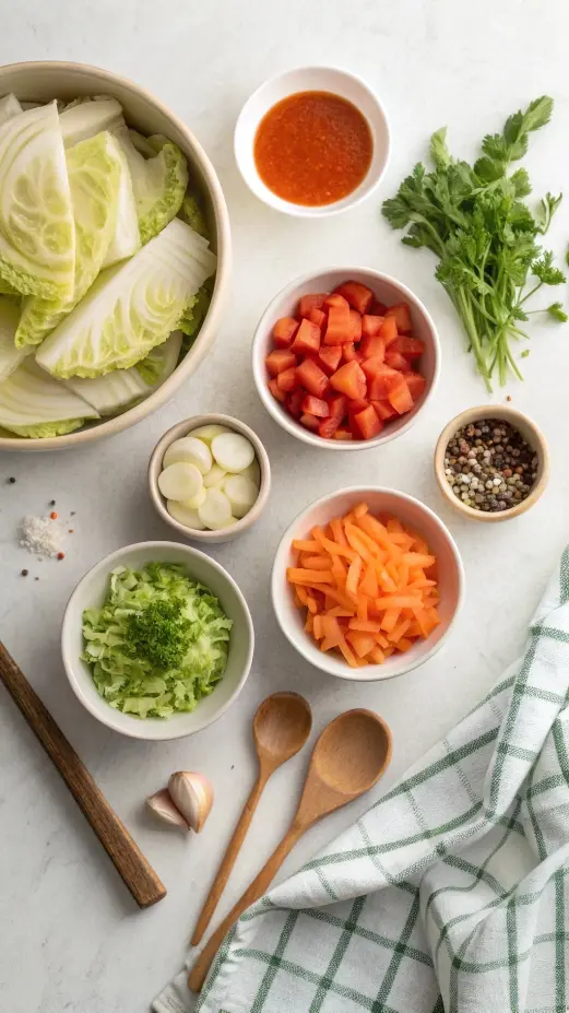 Ingredients for cabbage soup arranged on a countertop.