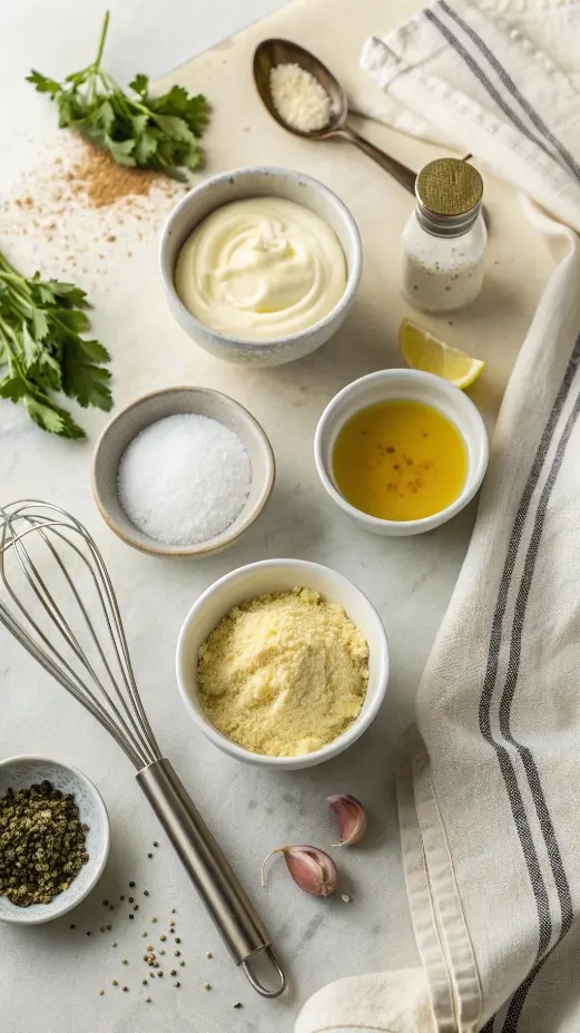 Ingredients for caesar dressing arranged in bowls on a countertop.