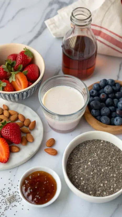 Ingredients for chia pudding including chia seeds, almond milk, maple syrup, vanilla extract, fresh fruits, and nuts displayed on a kitchen counter.
