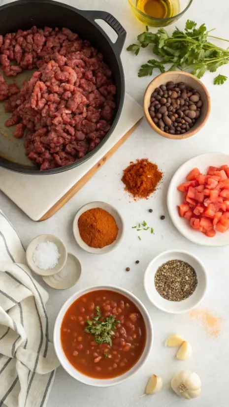 Ingredients for classic beef and bean chili on a countertop.