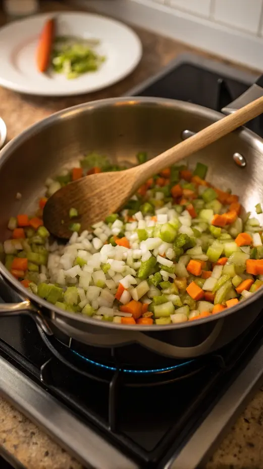 Diced onion, carrot, and celery sautéing in a pot for bolognese.
