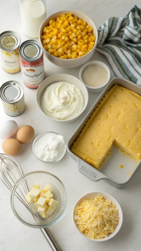 Flat lay of canned corn, cream-style corn, cornbread mix, sour cream, butter, eggs, and cheese for corn casserole.