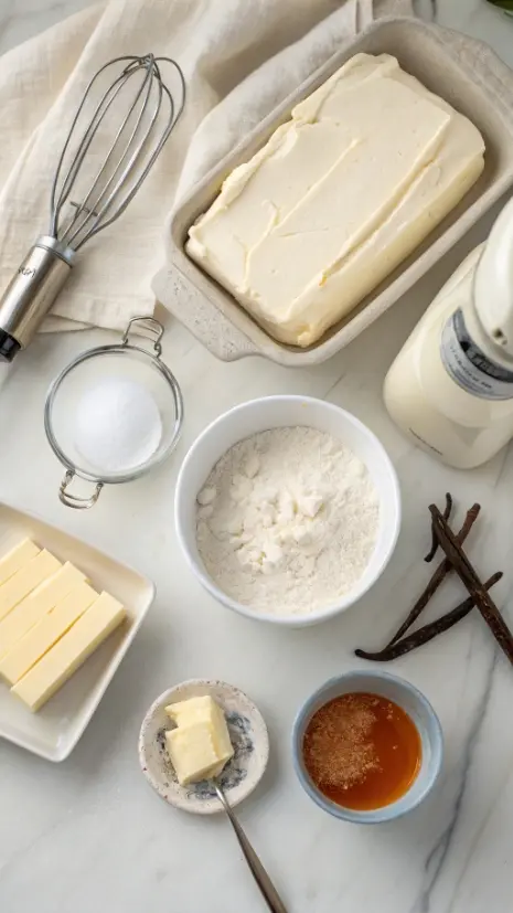 Flat lay of cream cheese, butter, powdered sugar, vanilla, and salt for cream cheese frosting.
