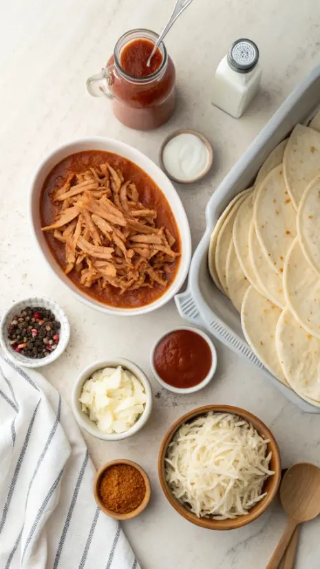 Flat lay of shredded chicken, enchilada sauce, tortillas, cheese, onion, sour cream, and spices for enchiladas.