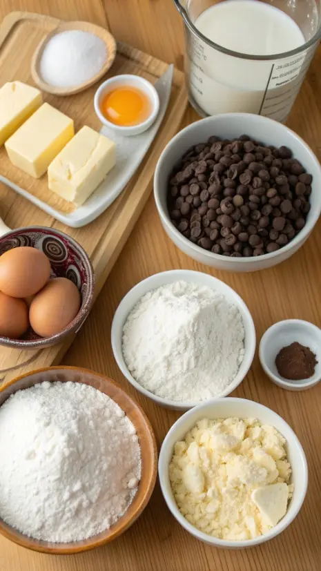 Ingredients for chocolate chip cookies including flour, sugar, butter, and chocolate chips displayed on a wooden surface.