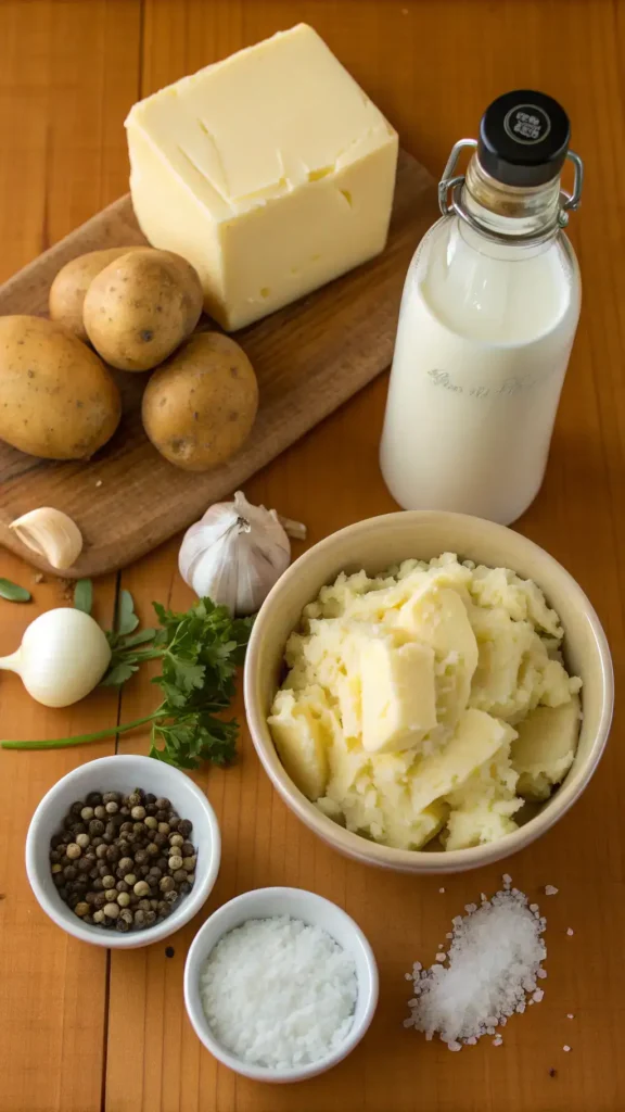 Ingredients for mashed potatoes displayed on a wooden table.