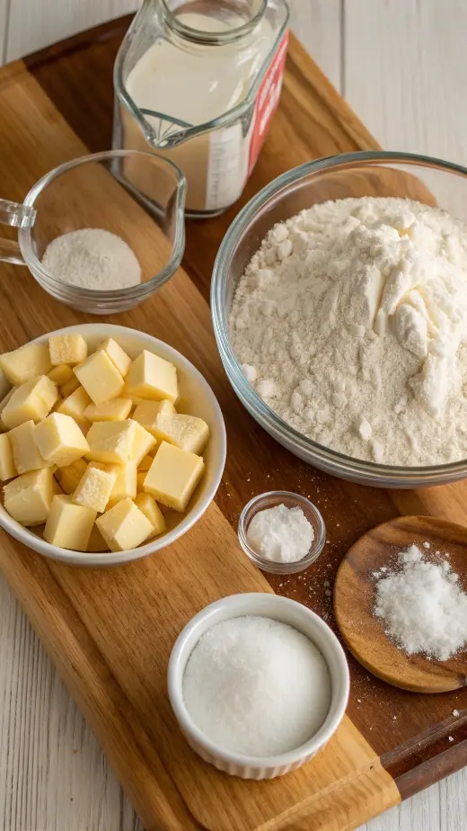 Ingredients for pie crust recipe displayed on a wooden surface.