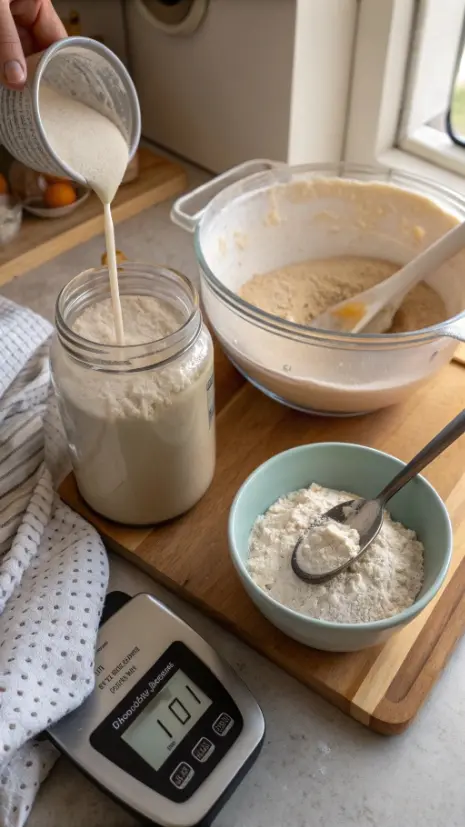 Overhead image of discarding and feeding sourdough starter with equal weights flour and water.