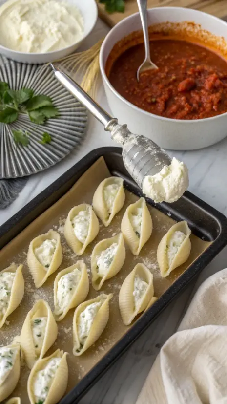 Overhead image of jumbo pasta shells being filled with ricotta cheese mixture before baking.