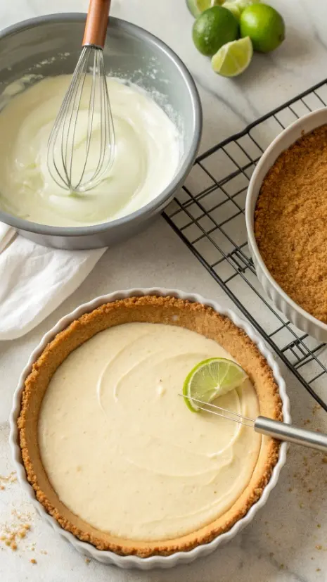 Overhead image of lime filling being whisked and poured into a graham crust before baking.