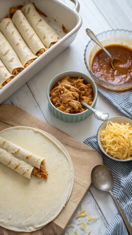 Overhead image of a tortilla being filled with chicken and cheese next to a baking dish of rolled enchiladas.