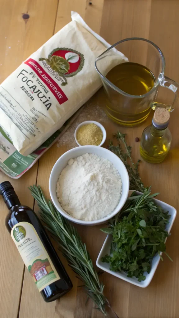 Ingredients for focaccia including flour, water, yeast, and olive oil.