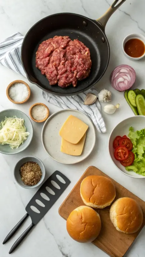 Flat lay of ground beef, seasonings, buns, cheese, and burger toppings on a countertop.
