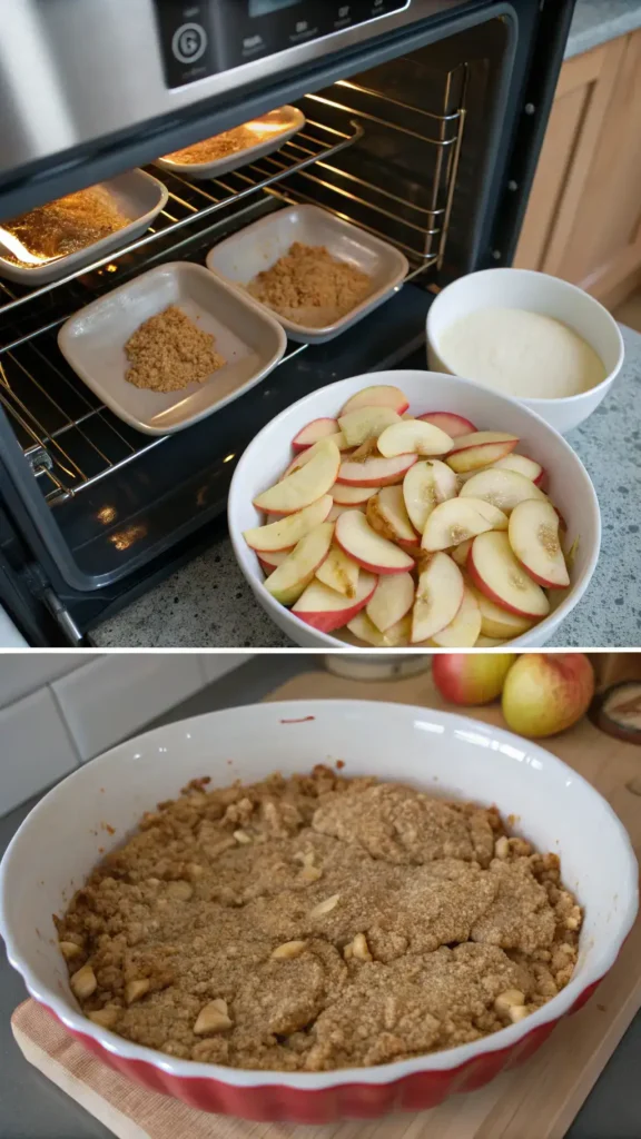 Step-by-step process of making apple crisp, including ingredients and baking instructions.