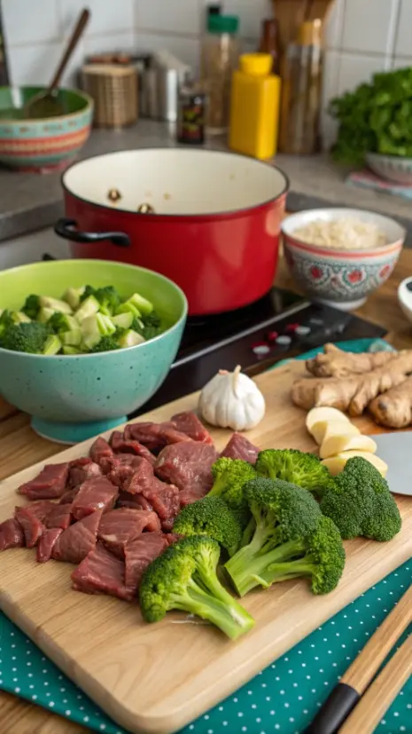 A vibrant beef and broccoli dish being prepared with fresh ingredients.