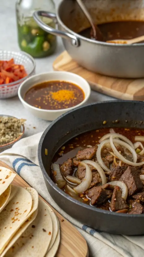 A pot of birria broth with marinated beef chunks and spices, ready for cooking.