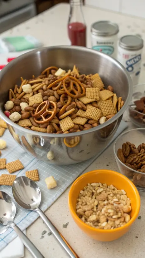A step-by-step guide to making Chex Mix with ingredients displayed in a bowl.