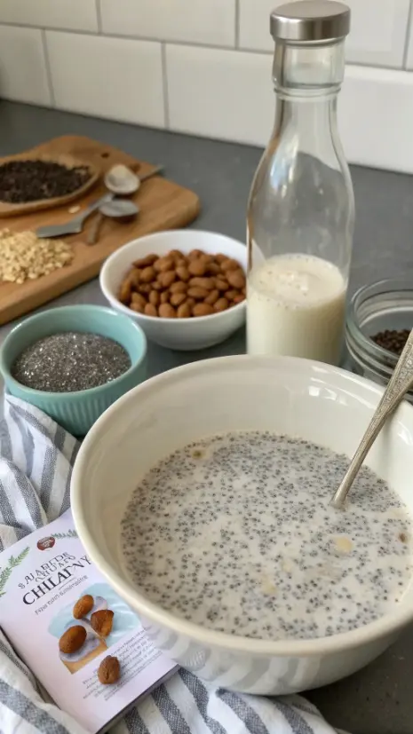 A mixing bowl with chia seeds, almond milk, and other ingredients being whisked together to make chia pudding.