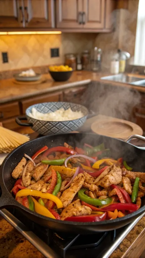 A skillet with marinated chicken, bell peppers, and onions cooking together, showcasing the vibrant colors and textures of the ingredients.
