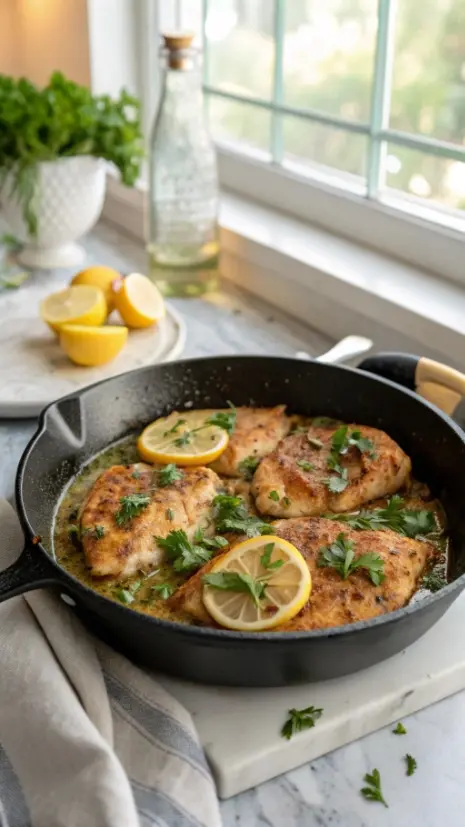 A skillet filled with golden-brown chicken piccata, garnished with parsley and lemon slices.