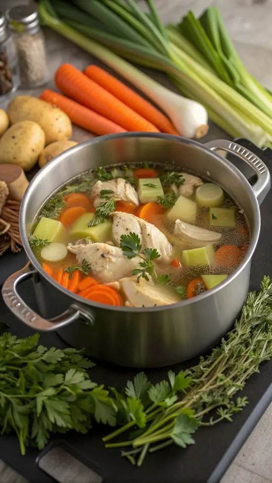 A pot of chicken soup simmering on the stove with fresh vegetables and herbs.