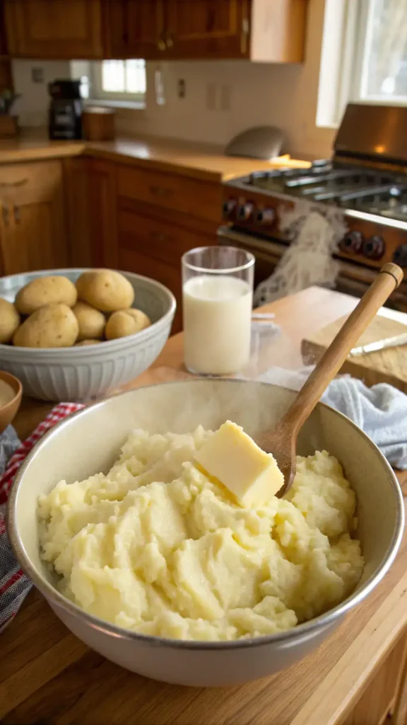 A step-by-step guide to making creamy mashed potatoes with ingredients laid out.