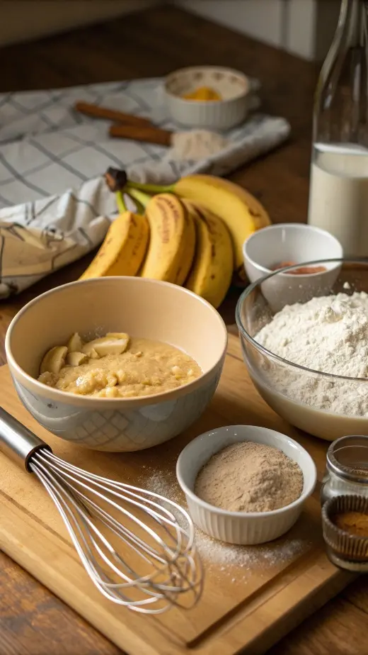 Step-by-step process of making easy banana bread with ingredients displayed.