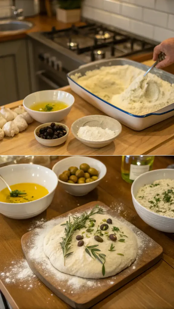 Step-by-step process of making focaccia, including ingredients and dough preparation.