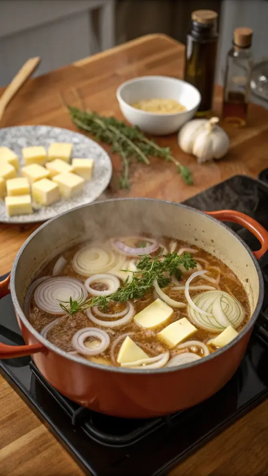 A pot of French onion soup with caramelized onions and herbs being prepared.