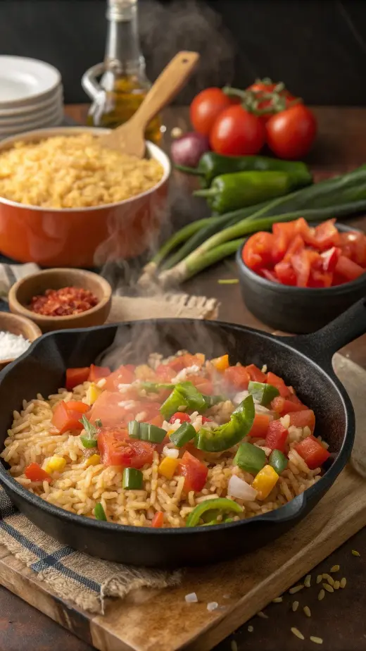 A skillet with sautéed vegetables and rice, showcasing the process of making Mexican rice.