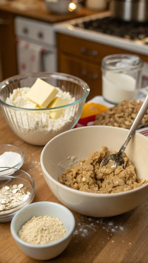 Step-by-step process of making oatmeal cookies with ingredients displayed.