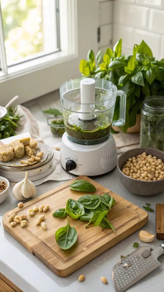 A step-by-step guide to making pesto with fresh ingredients.