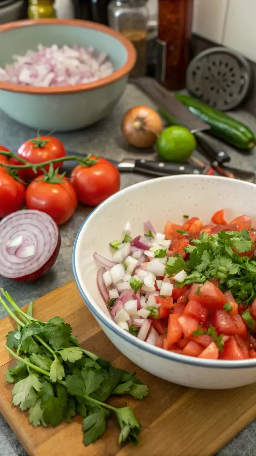 Fresh ingredients for pico de gallo being chopped and mixed in a bowl.