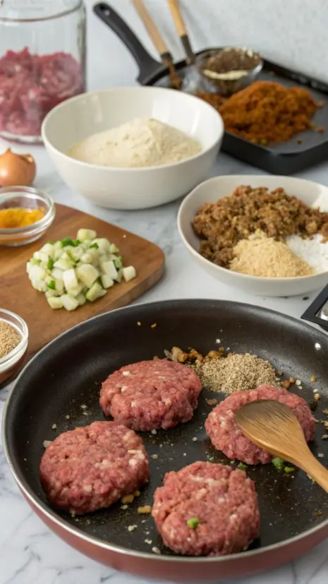 A step-by-step guide to making Salisbury steak, featuring ingredients like ground beef, breadcrumbs, and gravy.