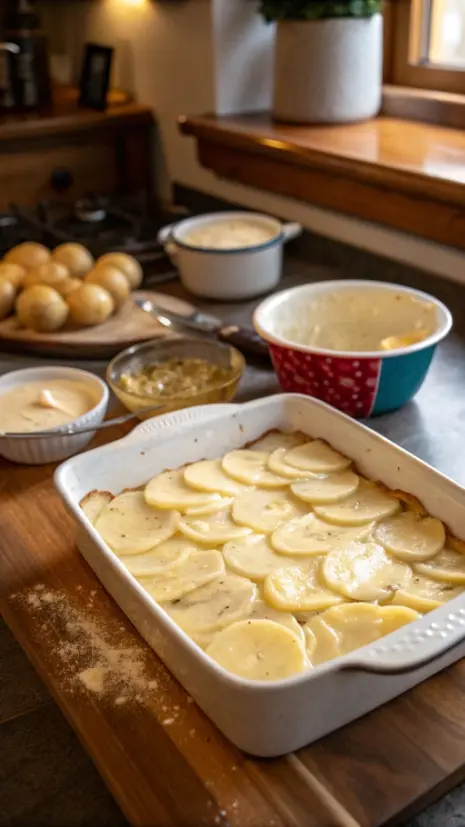 Step-by-step process of making scalloped potatoes with sliced potatoes and creamy sauce.