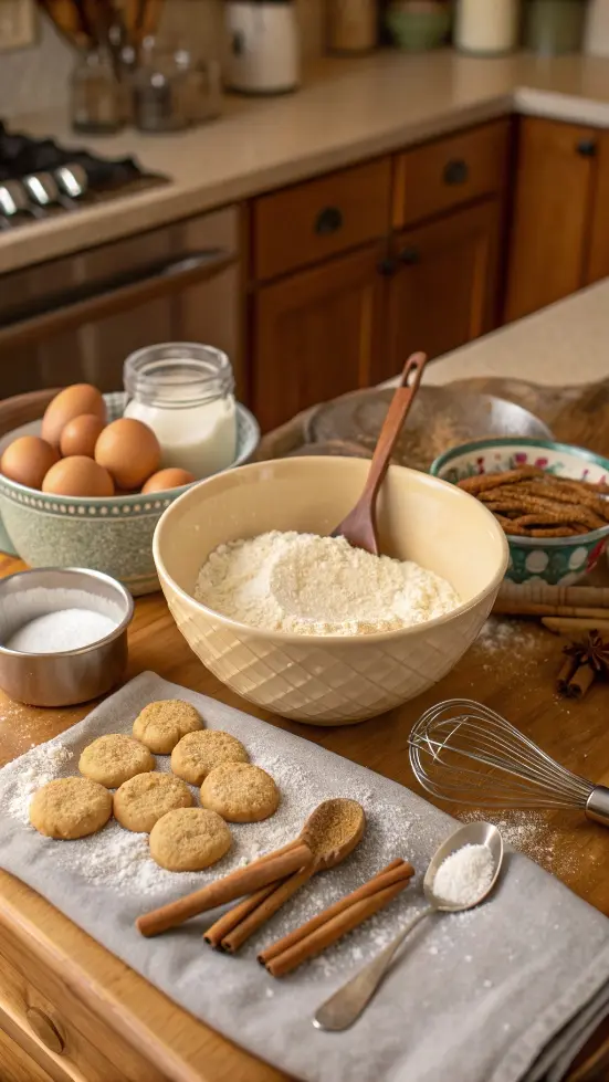 Step-by-step process of making snickerdoodle cookies, showcasing ingredients and mixing.