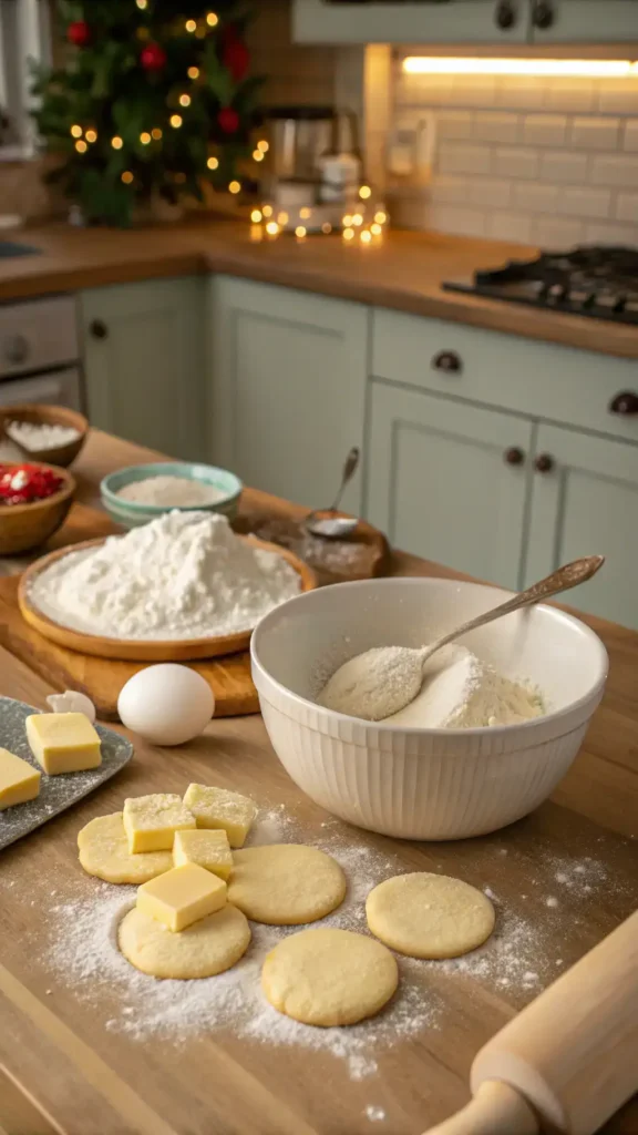 A step-by-step guide to making sugar cookies, featuring ingredients and baking tools.