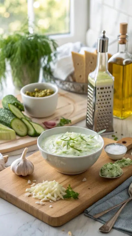Step-by-step process of making tzatziki with ingredients displayed.