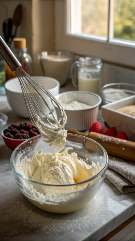 A mixing bowl with heavy cream, powdered sugar, and vanilla extract, ready to be whipped into cream.