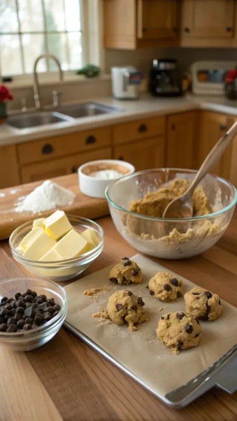 A step-by-step process of making chocolate chip cookies, showcasing ingredients and mixing bowls.